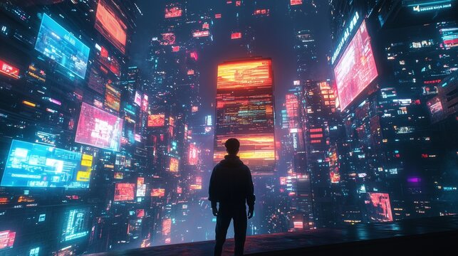Cyberpunk city at night, colorful neon lights, silhouettes of men
