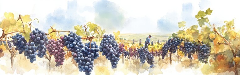 Vineyard harvest during autumn with grapes hanging on vines in picturesque scenery