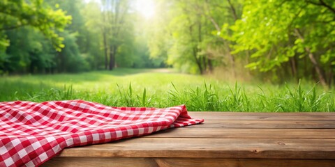 Red picnic blanket with a natural wood picnic table and lush greenery in the background, outdoors, grass, outdoors
