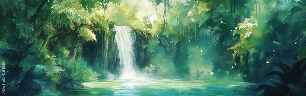 Aufkleber serene waterfall cascading into a tranquil pool surrounded by lush jungles in vibrant watercolor sty
