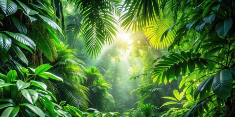 dense foliage sways in gentle breeze amidst vibrant green leaves forming a lush canopy, jungle atmosphere, vibrant foliage