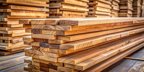 Stack of teak wood boards with natural light illuminating the texture and grain