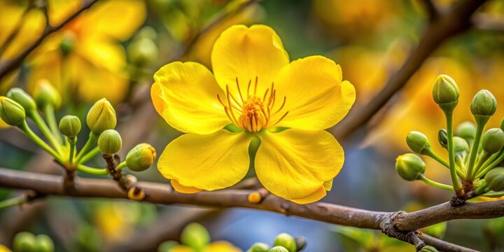 Close-up of a bright yellow Ochna integerrima flower with intricate details and delicate petals unfolding like tiny trumpets