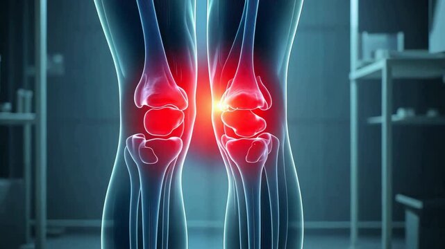 X ray illustration of knee joints highlighting pain and inflammation, showcasing medical concepts of joint injury, arthritis, and health issues. This depicts knee pain and joint discomfort