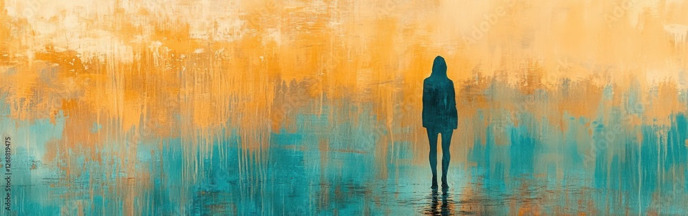 Aufkleber soft silhouette of a person walking through a serene landscape during twilight, creating a peaceful 