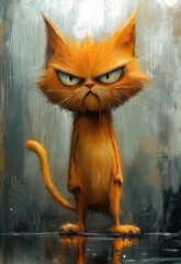 A cartoon dissatisfied ginger cat on an abstract background.