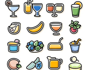 Colorful Icons of Cocktails and Fresh Fruits for Summer Vibes