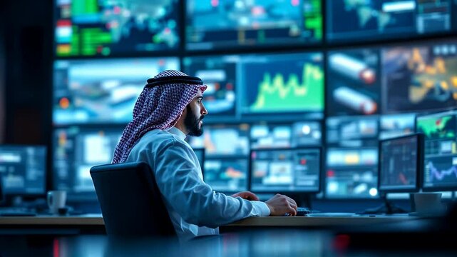 Arab Man Working in a Modern Control Room