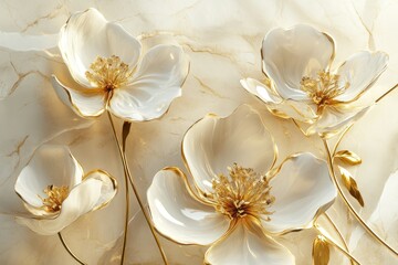Detailed 3D design of organic flower sculptures in gold and white tones, enhanced by a soft, marble-like texture in the background.