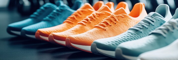 Colorful athletic shoes arranged on display in a fitness studio highlighting vibrant styles and designs for active lifestyle. Generative AI