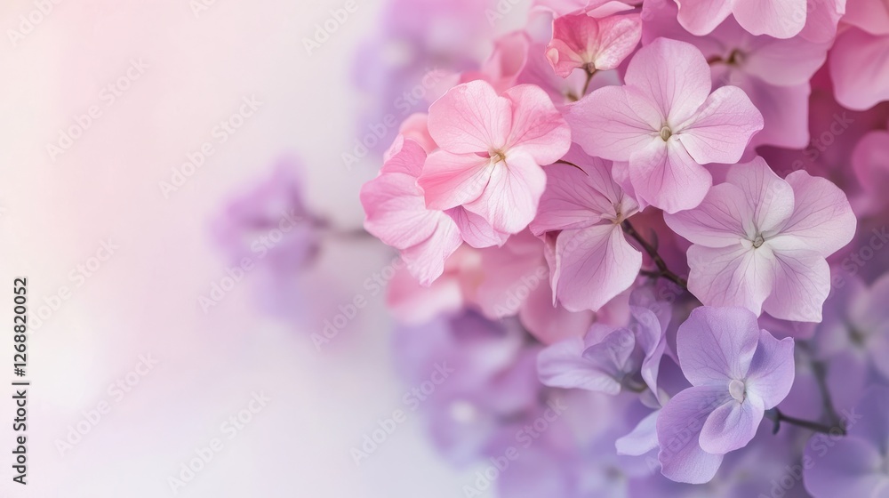 Poster soft gradient background with clusters of pink and purple flowers arranged delicately in an elegant 
