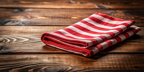 Fototapeta premium Red Striped Kitchen Napkin Mockup on Rustic Wooden Table - Empty Space for Branding