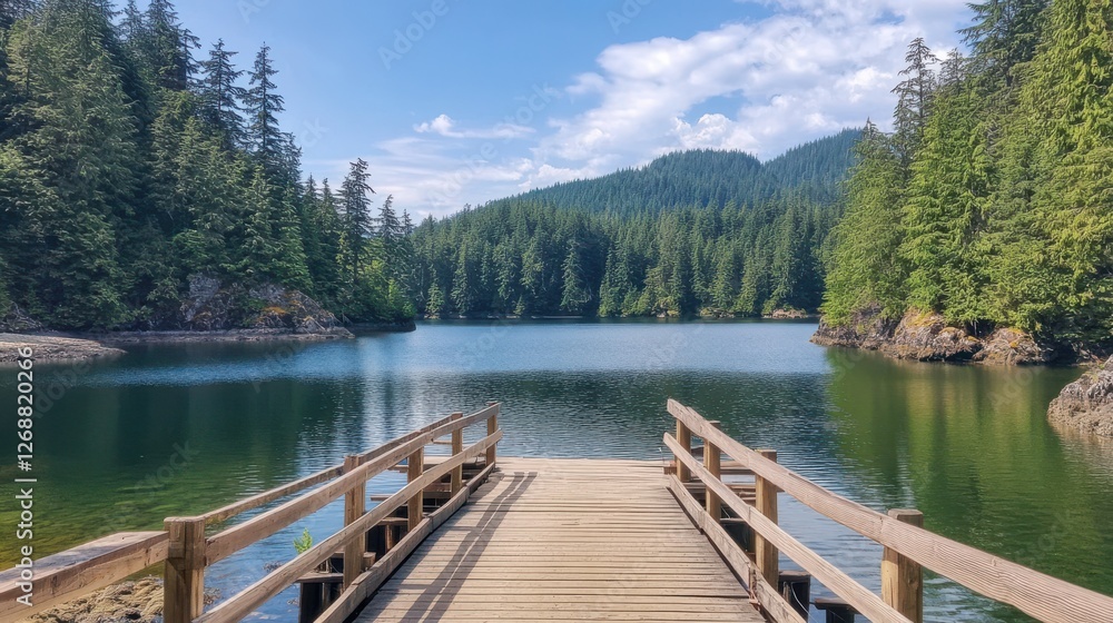 Poster wooden pier extending into calm water of a serene lakeside surrounded by lush forests in a peaceful 
