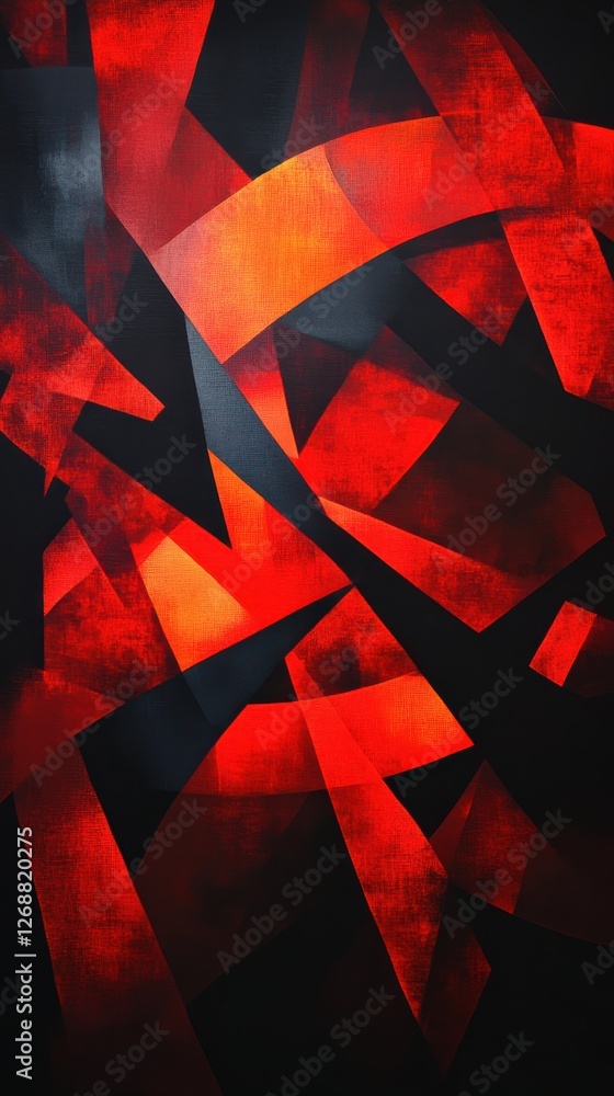 Poster Overlapping fiery red and deep black shapes create a dynamic abstract composition with contrasting tones and forms