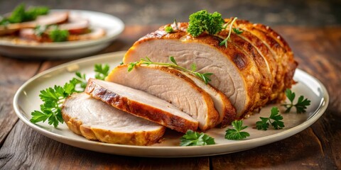 Sliced roasted pork loin with parsley garnish on a plate, crispy exterior and tender interior, golden brown color , plate