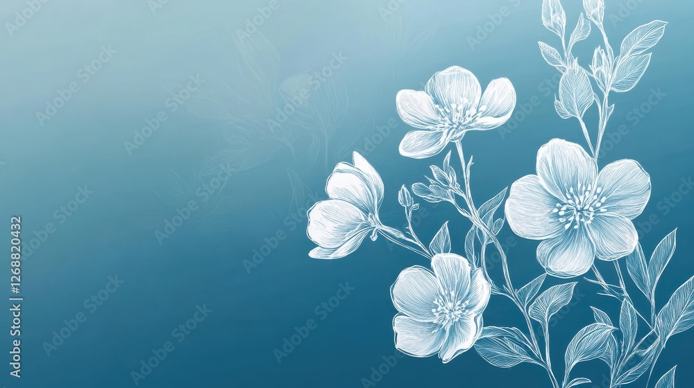 Poster delicate white floral sketches on a calming blue background with a serene aesthetic that evokes tran