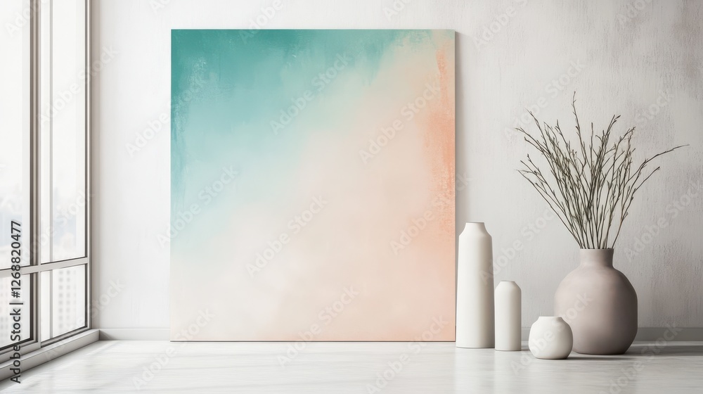 Aufkleber minimalist white canvas artwork with a soothing color gradient displayed in a modern room