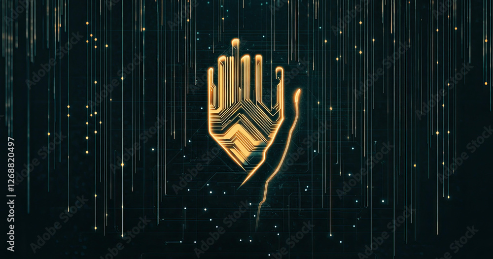 Poster abstract digital hand reaching through falling data streams futuristic technology concept