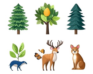 Naklejka premium Illustrated Nature Elements with Trees, Animals, and Plants