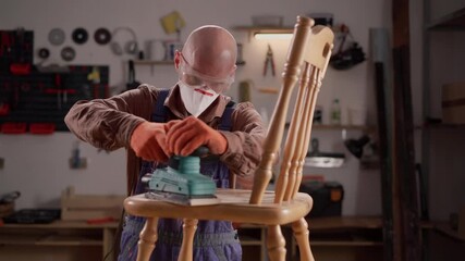 Carpenter sanding old wooden chair using electric sander during furniture restoration in workshop. Focus on woodworking process, tools, and craftsmanship