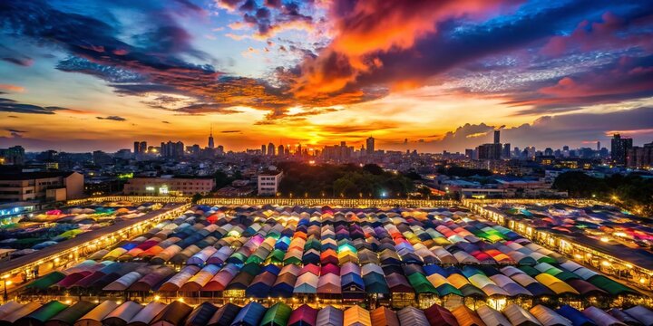 Bangkok Night Market Silhouette, Rod Fai Market Ratchada, Thailand Street Food Stalls, Asian Nightlife, Urban Silhouette
