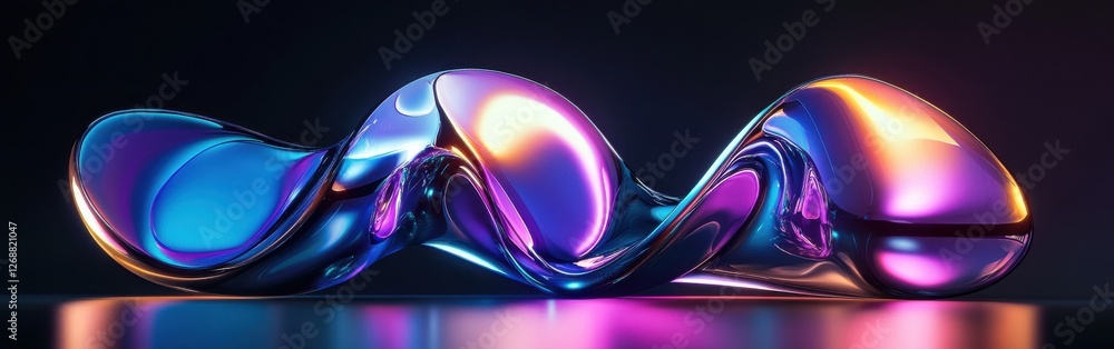 Poster futuristic chrome abstract forms display iridescent colors and sleek lines in a dark setting