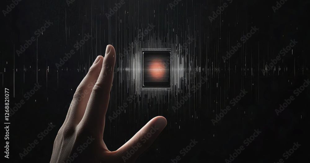 Poster human hand interacting with digital data stream and processing unit