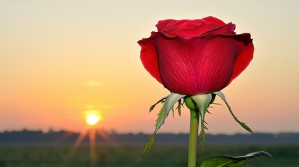 Red Rose with Water Droplets Against Warm Sunset Background Beauty and Love