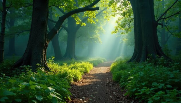Misty forest trail winding between ancient trees, pathway, trees