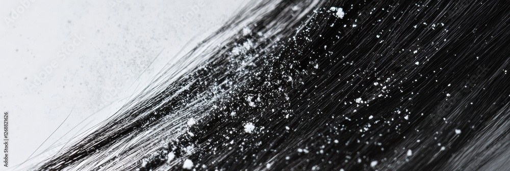 Poster close up of dandruff flakes resting on dark hair strands with ample text space for presentation or i