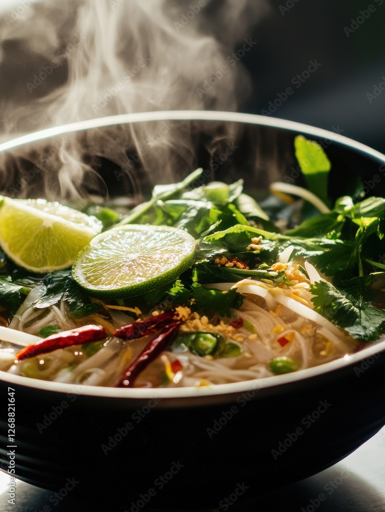 Poster close-up view of steaming bowl of pho topped with fresh herbs, lime wedges, and spices in a warm set
