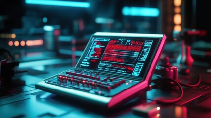 Cinematic AI-interface on a tablet displayed with floating data in a dark office, cyberpunk neon glow