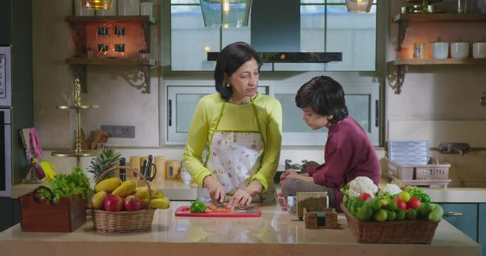Indian happy mature mom standing indoor modern home kitchen hold knife cut fresh slice on chop board young adult woman lady talk gossip son child boy eat vegan piece enjoy day spend time have fun joy