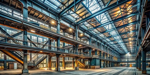 Fototapeta premium Vast Industrial Interior: Steel Beams, High Ceilings, Factory Space Stock Photo