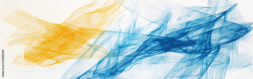 Poster abstract pencil strokes create dynamic lines in contrasting blue and yellow hues across a light back