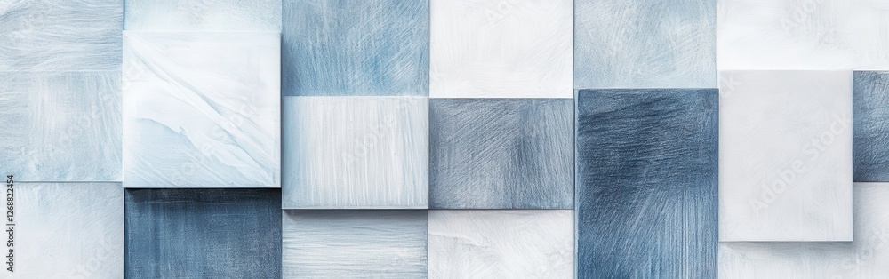 Poster abstract pencil strokes create dynamic grid fragments in various shades of blue and white for artist