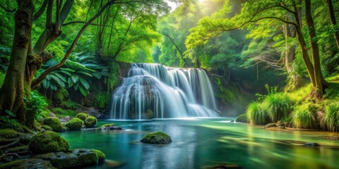 Fototapeta premium Waterfall in Forest with Lush Greenery, river, peaceful, river, peaceful, tranquil, riverbank, landscape,serene, stream