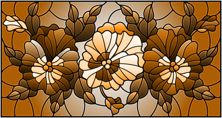 Illustration in stained glass style with flowers, buds , leaves and flowers of pansy, tone brown