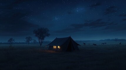 Night Safari Camp Illuminated Under Starry Sky