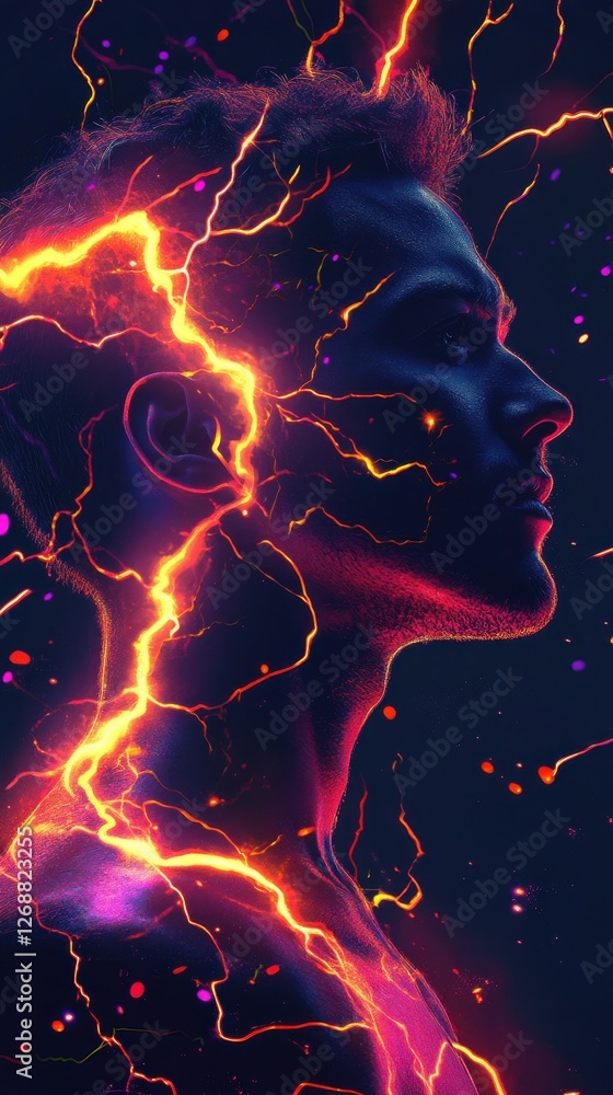 Poster portrait of a man with glowing lightning effects and vibrant colors during a creative art session