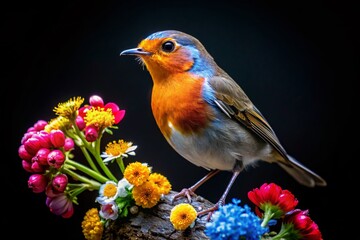 Fototapeta premium Bird with Flowers, Dark Background, Close-up Stock Photo