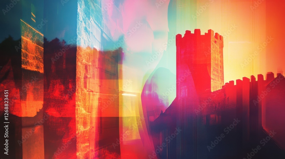 Poster vibrant double exposure capturing market trends and architectural elements in a dynamic urban landsc