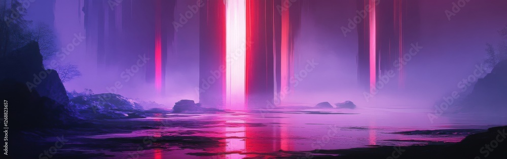 Poster surreal landscape with gradient columns reflecting in a tranquil water body during twilight hours