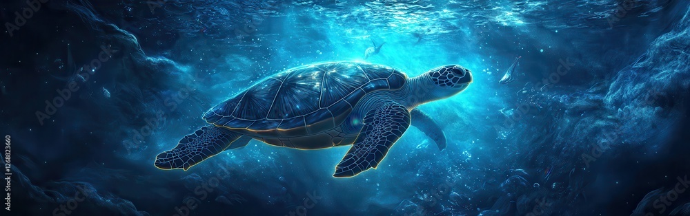 Poster surreal underwater visualization of a glowing turtle amidst a vibrant aquatic environment at dusk