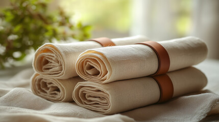 Elegant linen napkins arranged neatly with leather bands beside a soft fabric on a sunlit table, showcasing a minimalist dining setting. Generative AI