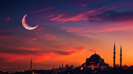 Obraz premium Crescent moon and mosque silhouette at dawn during Ramadan