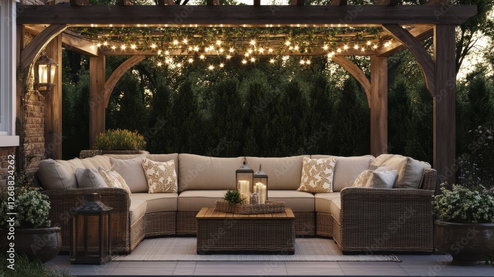 Poster cozy evening on a spacious terrace with wicker sofa under soft lighting and surrounded by greenery