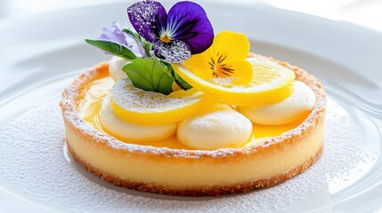 Refreshing lemon tart with golden crust garnished with fresh lemon slices and edible flowers for a vibrant dessert experience