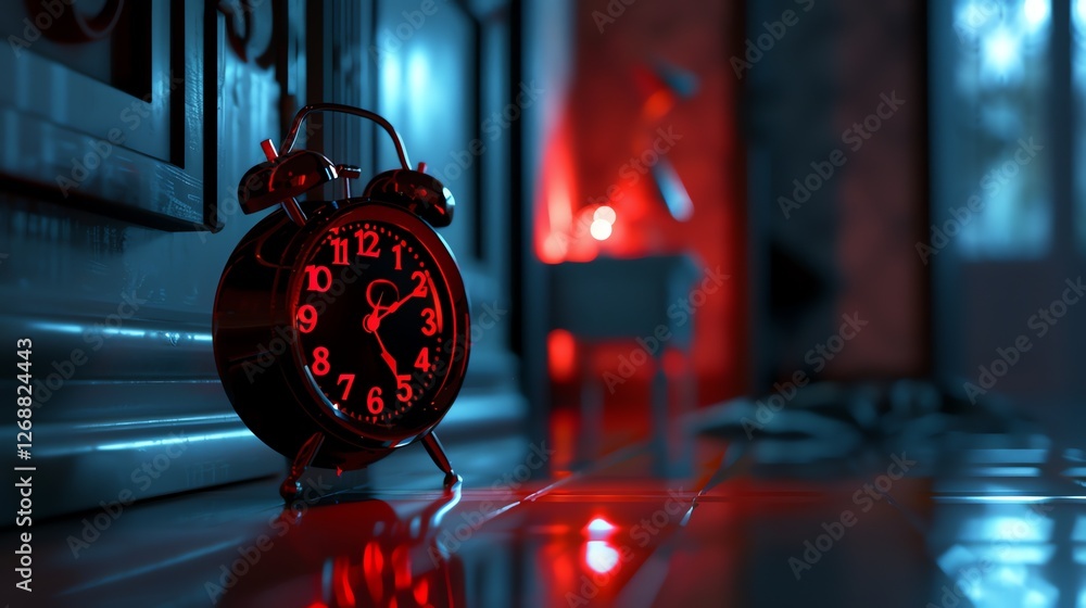 Poster a retro alarm clock with glowing red numbers sits on a reflective surface in a dimly lit room.