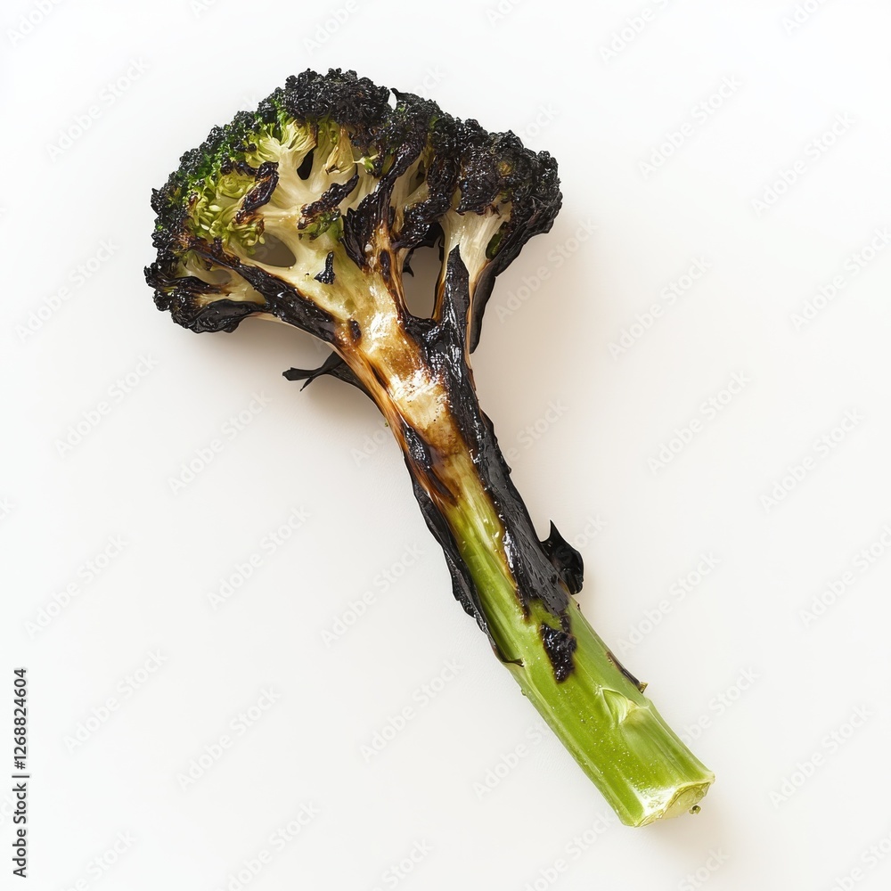 Poster Roasted broccoli floret with charred edges resting on a plain white surface